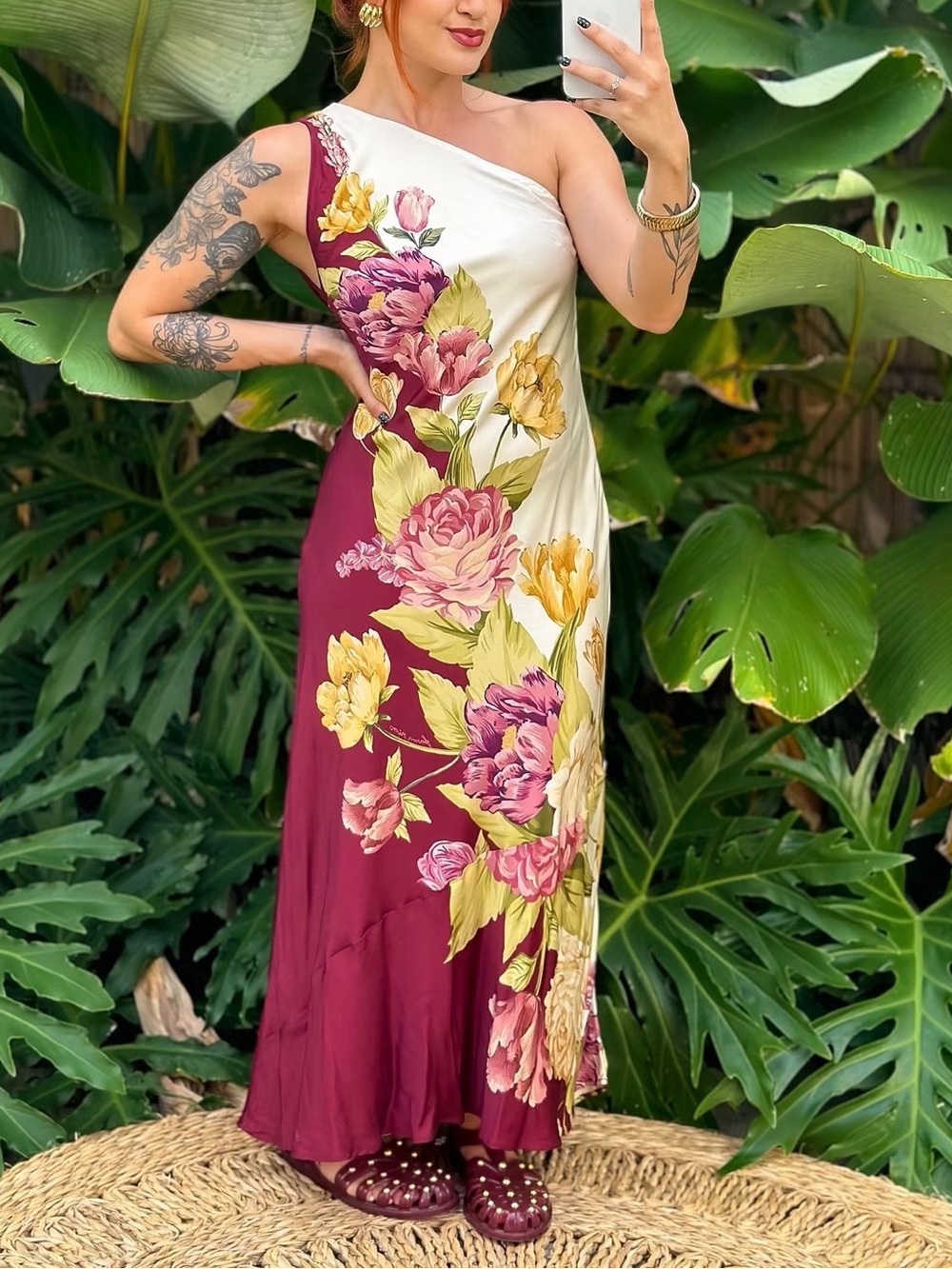FARM Rio One-Shoulder Floral Maxi Dress in Burgundy & Cream Size M
